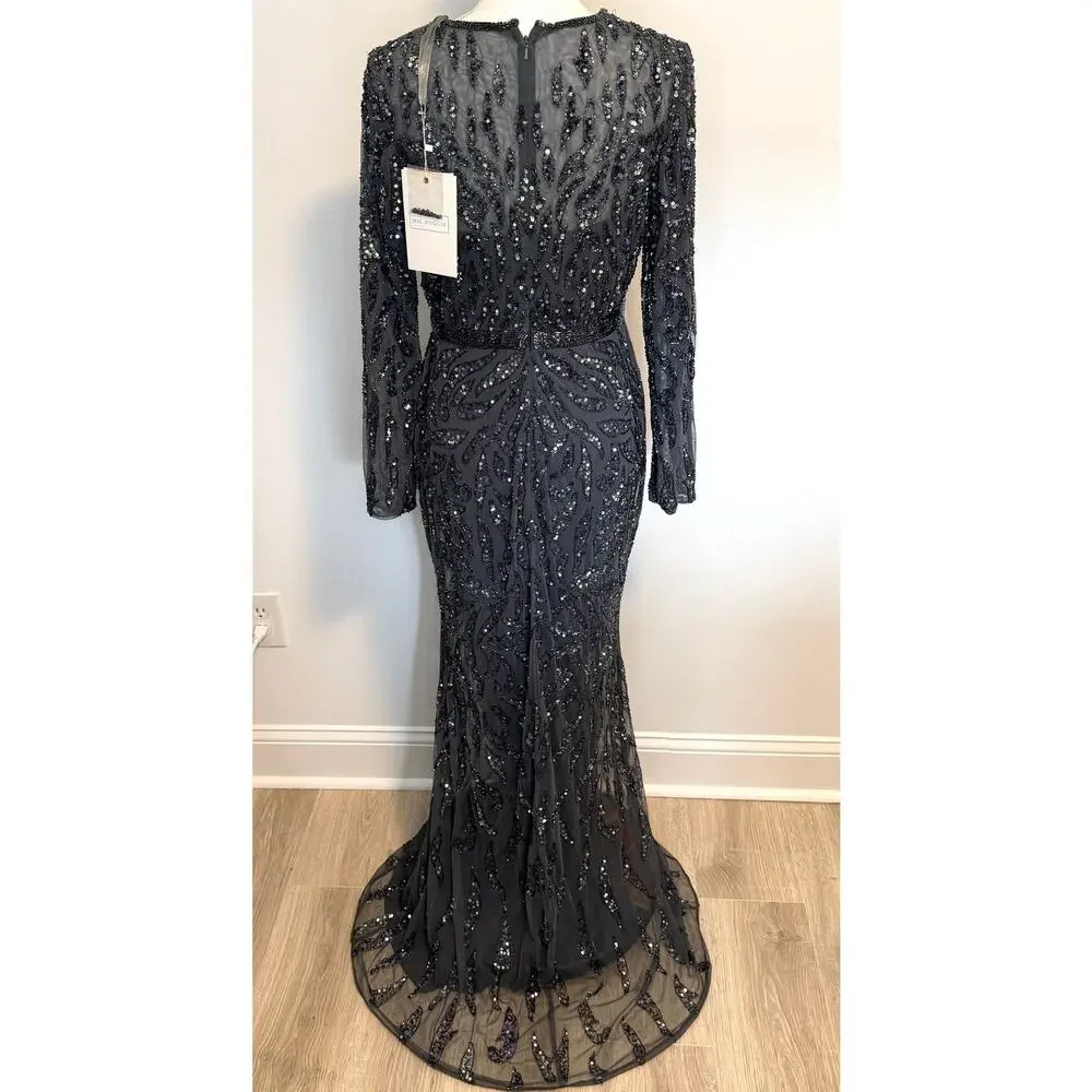 Mac Duggal 5124 Beaded Long Sleeve Evening Gown In Charcoal Size 8 New - Picture 9 of 16